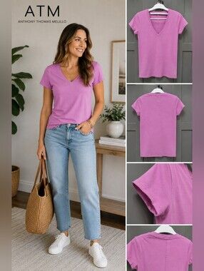 ATM Anthony Thomas Melillo V-Neck T-Shirt XS Pink/Lilac 100% Cotton